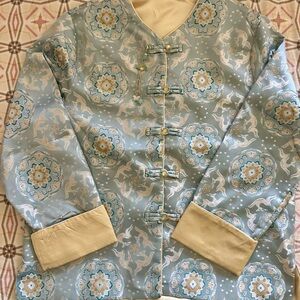 Blue and Cream Mandarin Collar Jacket with Ornate Pattern